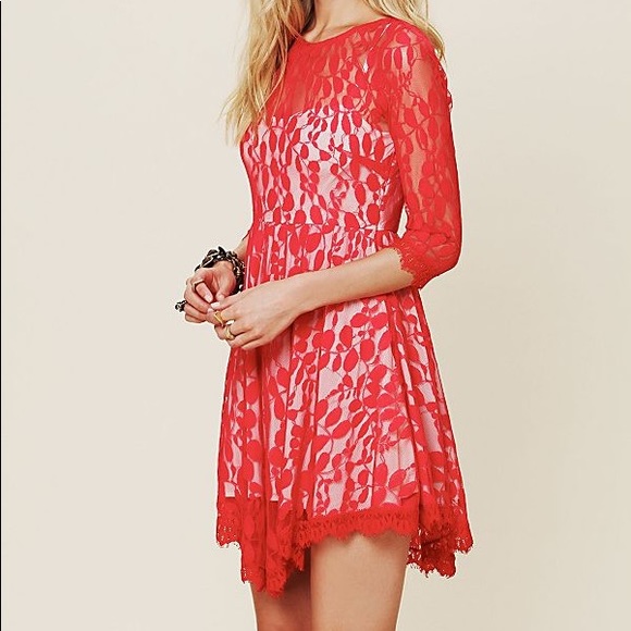 Free People Red Lace Floral Overlay Dress - Picture 2 of 7
